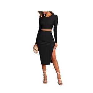 two piece ribbed black cropped top and pencil skirt